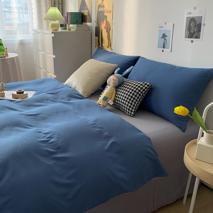 91家纺网 家纺一手货源 找家纺 曼谷 新款纯色双拼四件套 AB宝蓝-浅灰