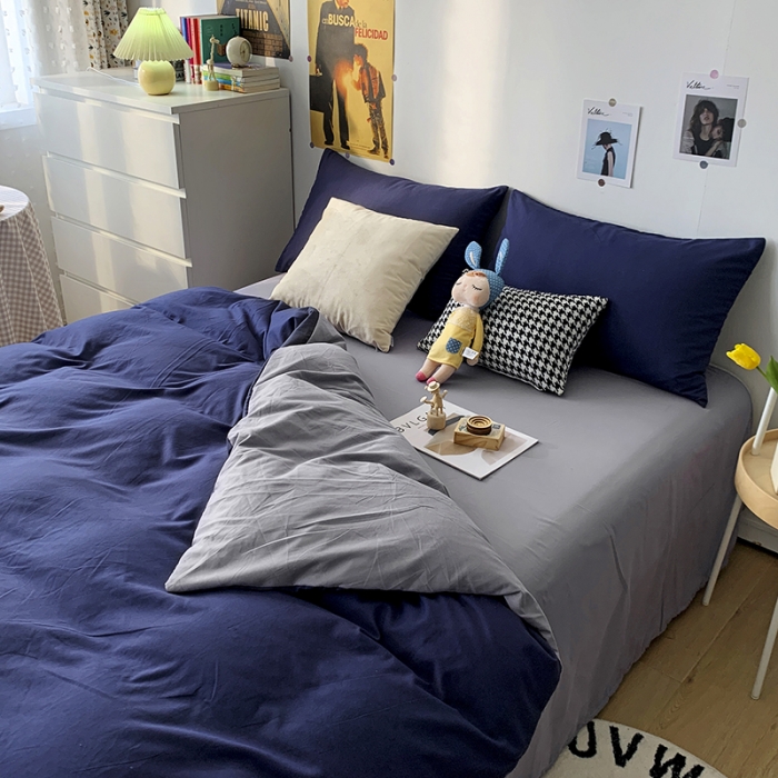 91家纺网 家纺一手货源 找家纺 曼谷 新款纯色双拼四件套 AB藏青-浅灰