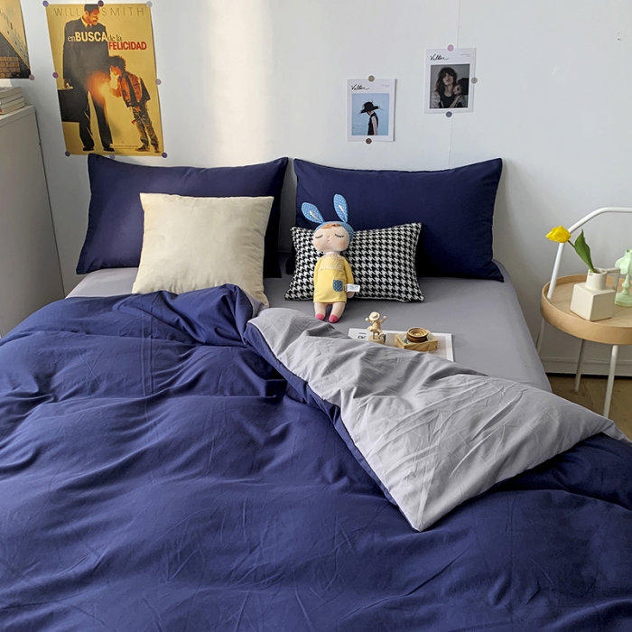 91家纺网 家纺一手货源 找家纺 曼谷 新款纯色双拼四件套 AB藏青-浅灰