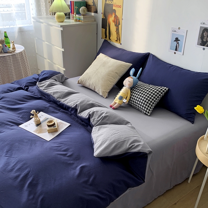 91家纺网 家纺一手货源 找家纺 曼谷 新款纯色双拼四件套 AB藏青-浅灰