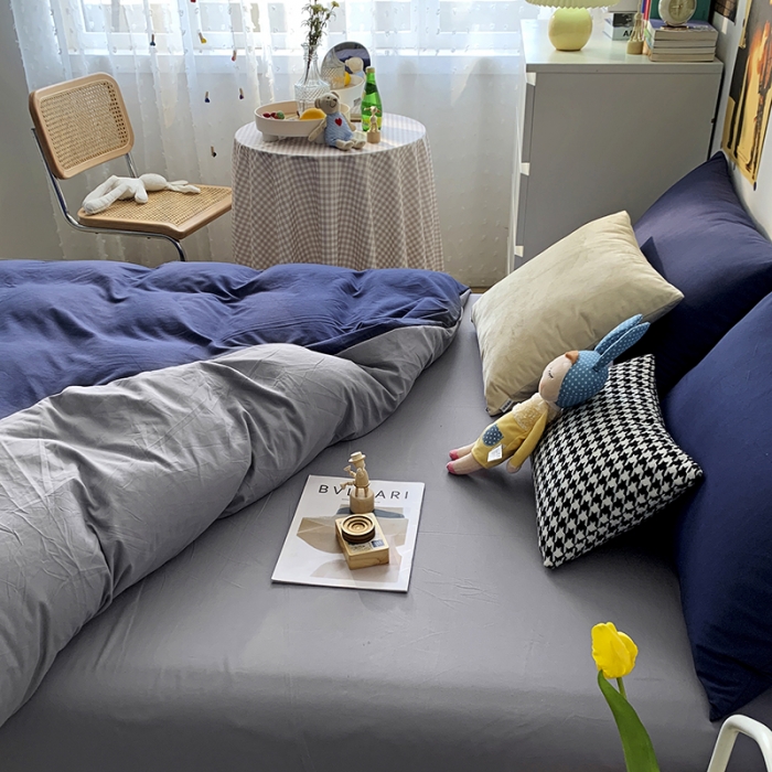 91家纺网 家纺一手货源 找家纺 曼谷 新款纯色双拼四件套 AB藏青-浅灰