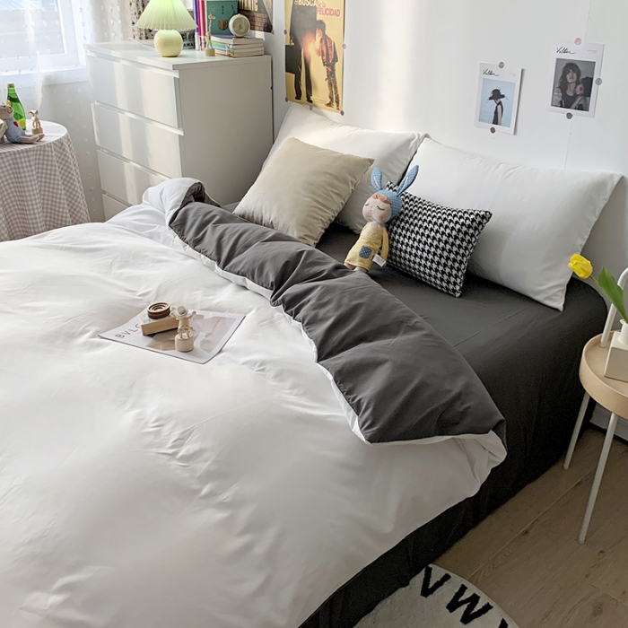91家纺网 家纺一手货源 找家纺 曼谷 新款纯色双拼四件套 AB纯白-深灰