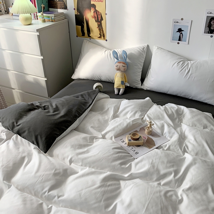 91家纺网 家纺一手货源 找家纺 曼谷 新款纯色双拼四件套 AB纯白-深灰