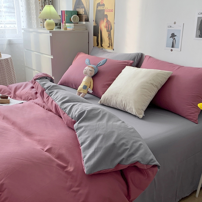 91家纺网 家纺一手货源 找家纺 曼谷 新款纯色双拼四件套 AB豆沙-浅灰