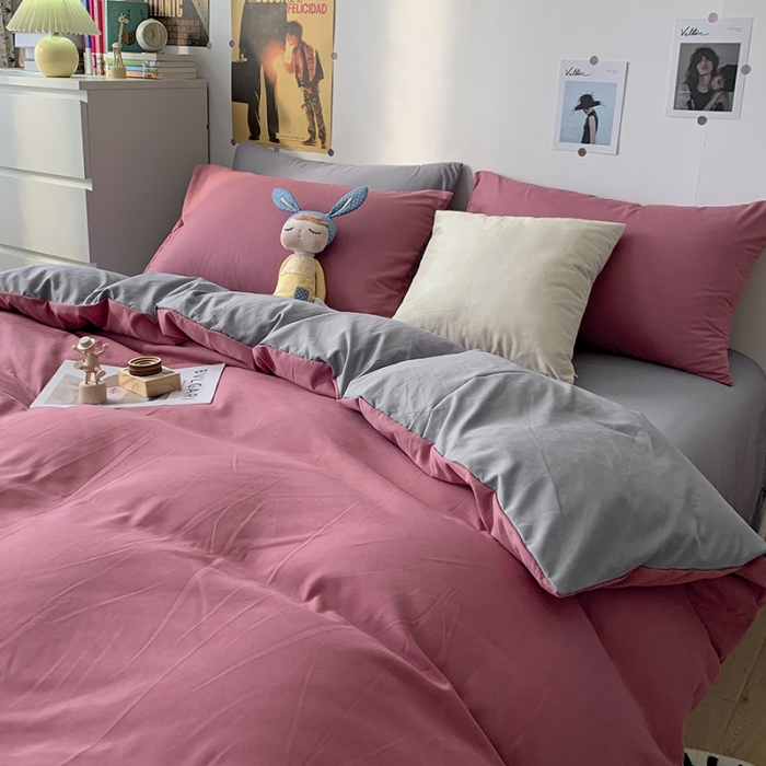 91家纺网 家纺一手货源 找家纺 曼谷 新款纯色双拼四件套 AB豆沙-浅灰