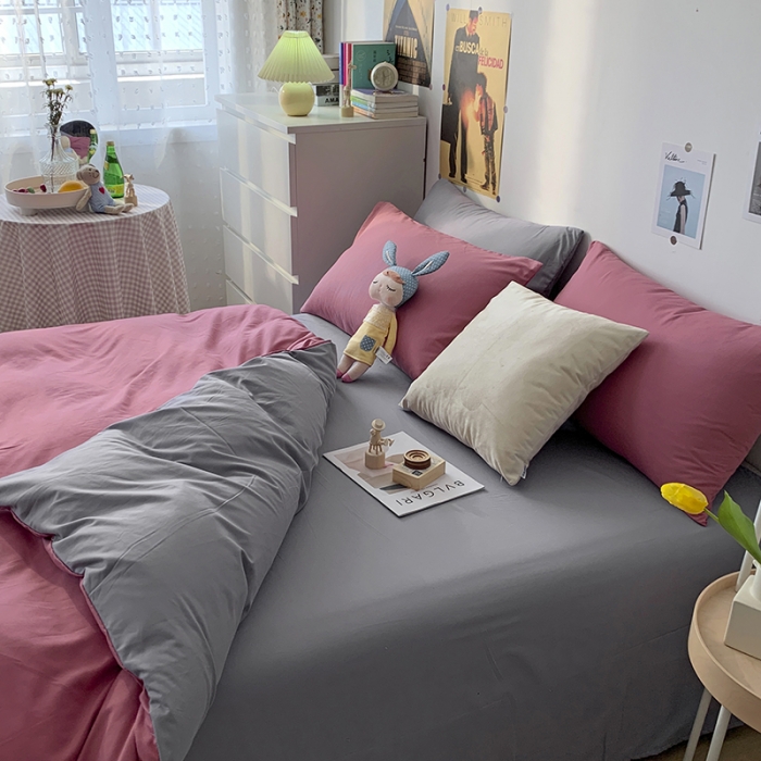 91家纺网 家纺一手货源 找家纺 曼谷 新款纯色双拼四件套 AB豆沙-浅灰
