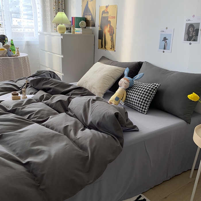 91家纺网 家纺一手货源 找家纺 曼谷 新款纯色双拼四件套 AB深灰-浅灰