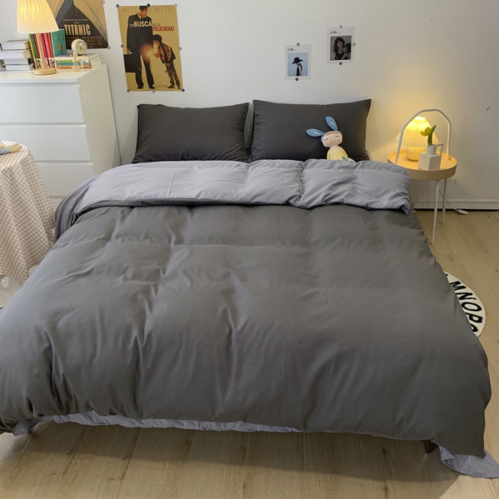 91家纺网 家纺一手货源 找家纺 曼谷 新款纯色双拼四件套 AB深灰-浅灰