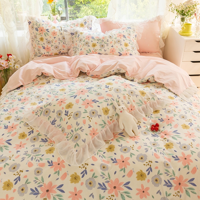 91家纺网 家纺一手货源 找家纺 千朵 2021新款全棉四件套 粉黛佳人拼接款