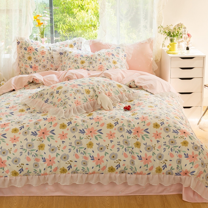 91家纺网 家纺一手货源 找家纺 千朵 2021新款全棉四件套 粉黛佳人拼接款