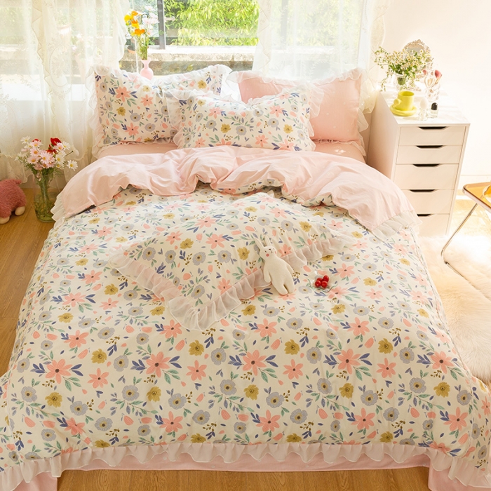 91家纺网 家纺一手货源 找家纺 千朵 2021新款全棉四件套 粉黛佳人拼接款