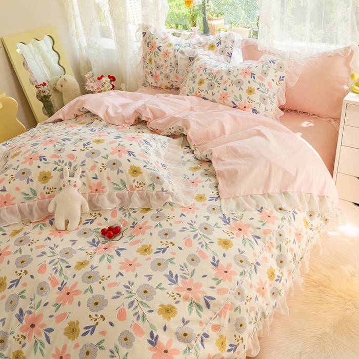 91家纺网 家纺一手货源 找家纺 千朵 2021新款全棉四件套 粉黛佳人拼接款