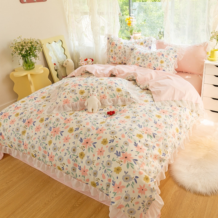 91家纺网 家纺一手货源 找家纺 千朵 2021新款全棉四件套 粉黛佳人拼接款