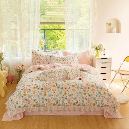 千朵 2021新款全棉四件套 粉黛佳人拼接款