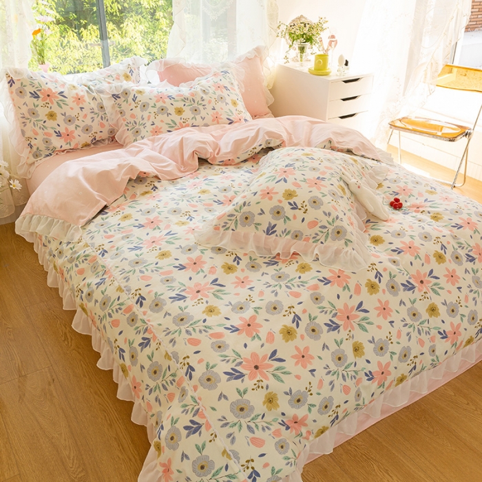 91家纺网 家纺一手货源 找家纺 千朵 2021新款全棉四件套 粉黛佳人拼接款