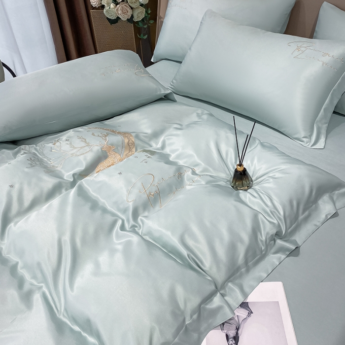 91家纺网 家纺一手货源 找家纺 安妮 2021新款60S天丝四件套-梦幻鹿系列 浅水蓝