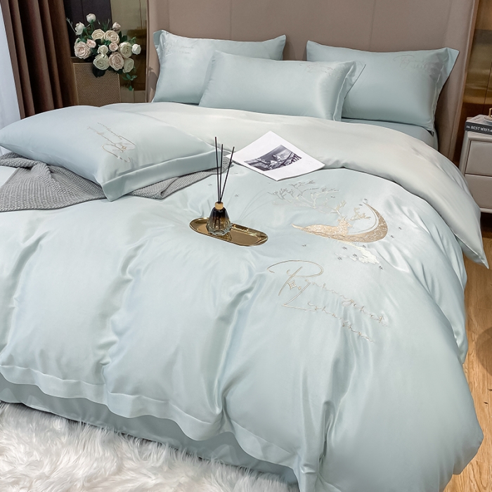 91家纺网 家纺一手货源 找家纺 安妮 2021新款60S天丝四件套-梦幻鹿系列 浅水蓝