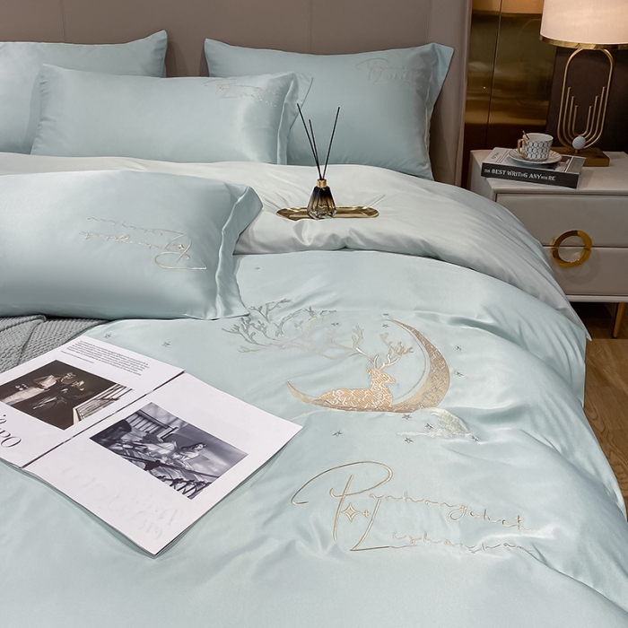 91家纺网 家纺一手货源 找家纺 安妮 2021新款60S天丝四件套-梦幻鹿系列 浅水蓝