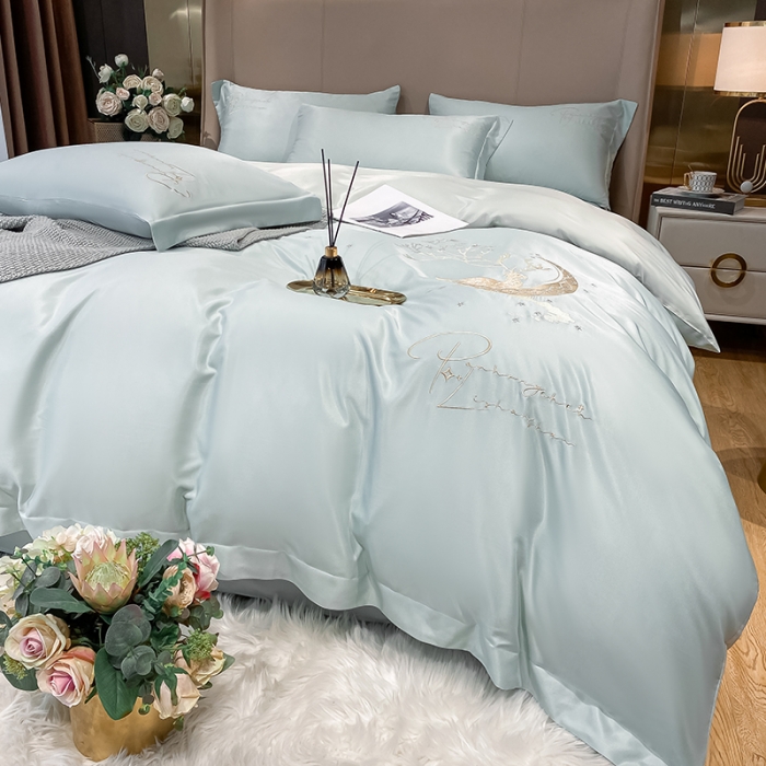 91家纺网 家纺一手货源 找家纺 安妮 2021新款60S天丝四件套-梦幻鹿系列 浅水蓝