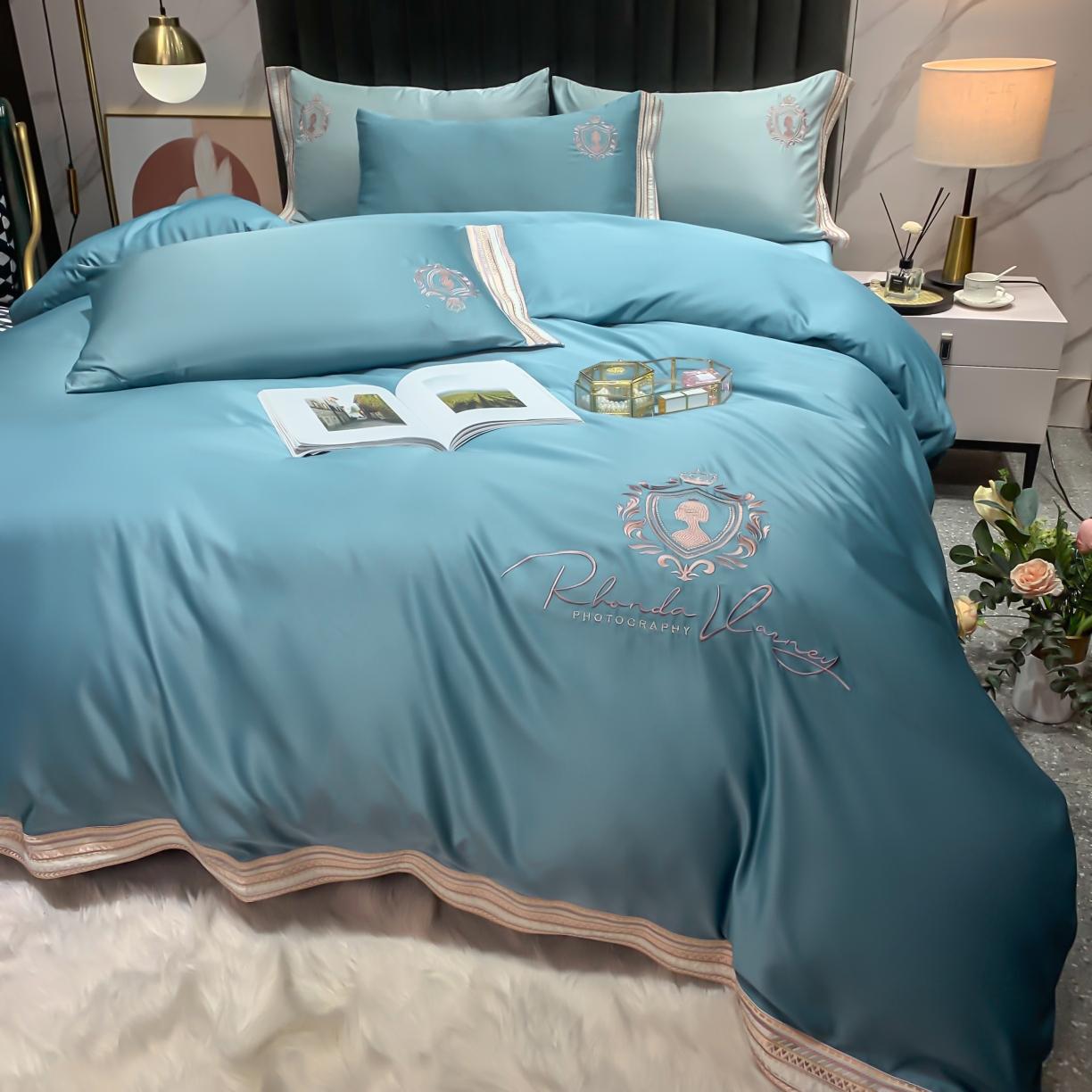 91家纺网 家纺一手货源 找家纺 安妮家居 2021新款水洗真丝刺绣四件套-奈雪系列 冰冰蓝