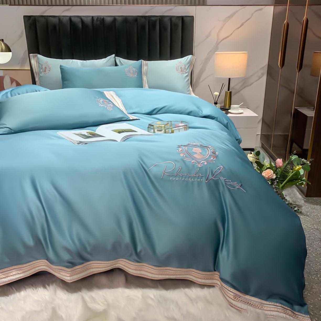 91家纺网 家纺一手货源 找家纺 安妮家居 2021新款水洗真丝刺绣四件套-奈雪系列 冰冰蓝