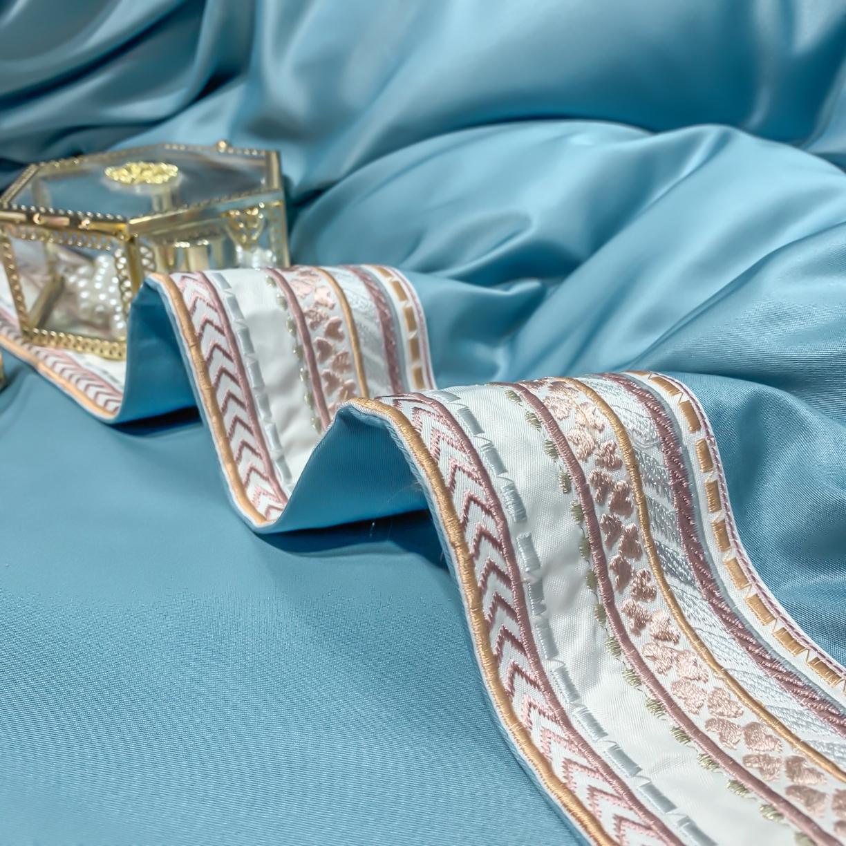 91家纺网 家纺一手货源 找家纺 安妮家居 2021新款水洗真丝刺绣四件套-奈雪系列 冰冰蓝