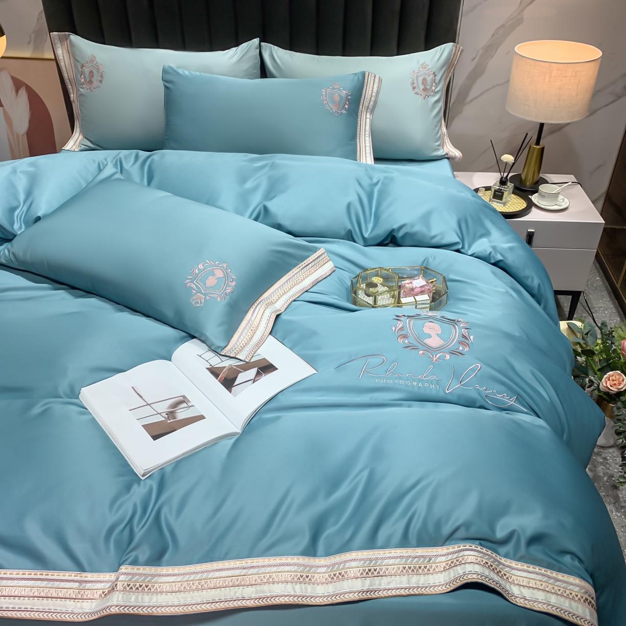 91家纺网 家纺一手货源 找家纺 安妮家居 2021新款水洗真丝刺绣四件套-奈雪系列 冰冰蓝