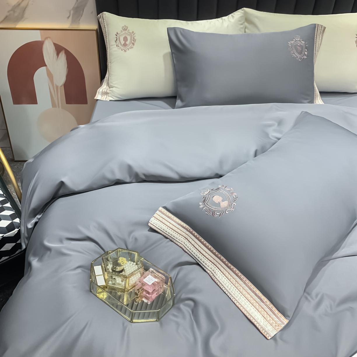 91家纺网 家纺一手货源 找家纺 安妮家居 2021新款水洗真丝刺绣四件套-奈雪系列 豆豆灰