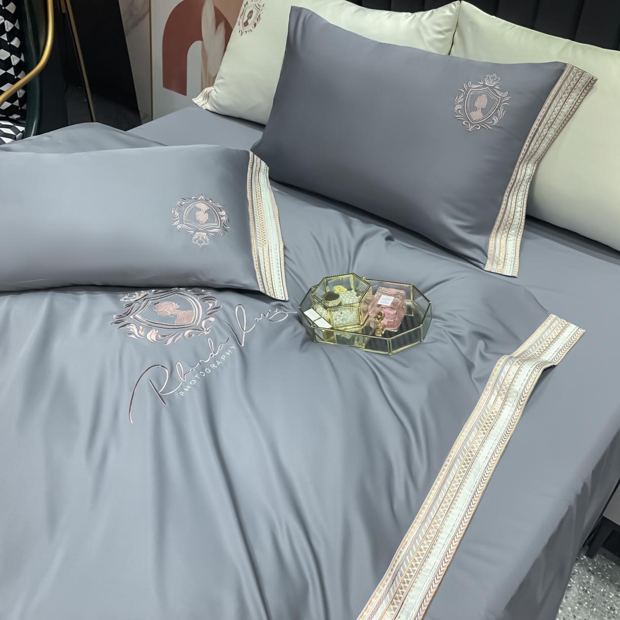 91家纺网 家纺一手货源 找家纺 安妮家居 2021新款水洗真丝刺绣四件套-奈雪系列 豆豆灰