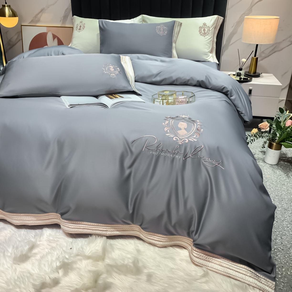 91家纺网 家纺一手货源 找家纺 安妮家居 2021新款水洗真丝刺绣四件套-奈雪系列 豆豆灰