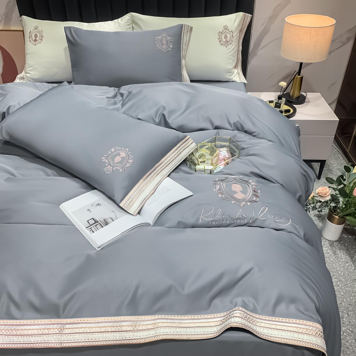 91家纺网 家纺一手货源 找家纺 安妮家居 2021新款水洗真丝刺绣四件套-奈雪系列 豆豆灰