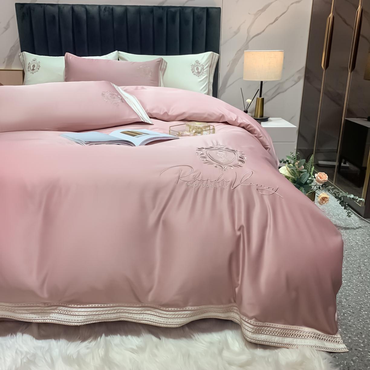 91家纺网 家纺一手货源 找家纺 安妮家居 2021新款水洗真丝刺绣四件套-奈雪系列 仙仙粉