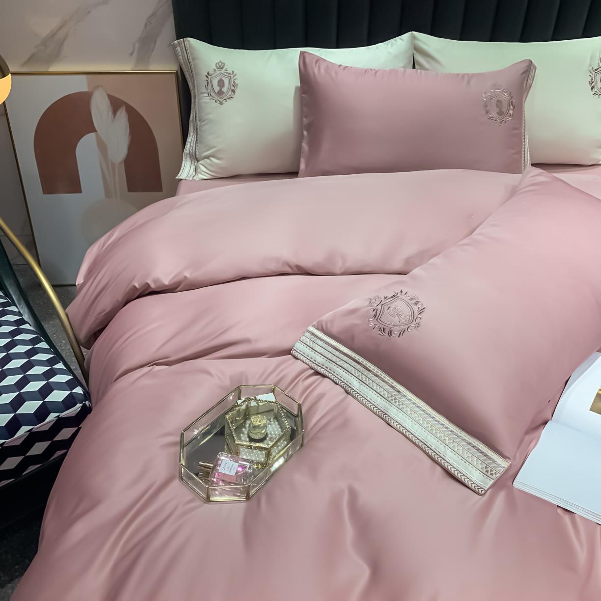 91家纺网 家纺一手货源 找家纺 安妮家居 2021新款水洗真丝刺绣四件套-奈雪系列 仙仙粉