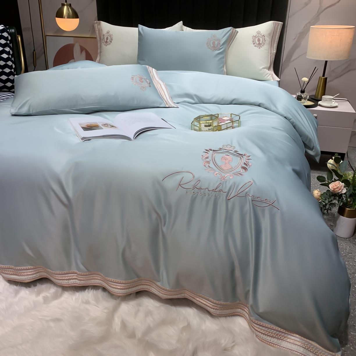 91家纺网 家纺一手货源 找家纺 安妮家居 2021新款水洗真丝刺绣四件套-奈雪系列 浅浅蓝