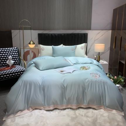 安妮家居 2021新款水洗真丝刺绣四件套-奈雪系列 浅浅蓝