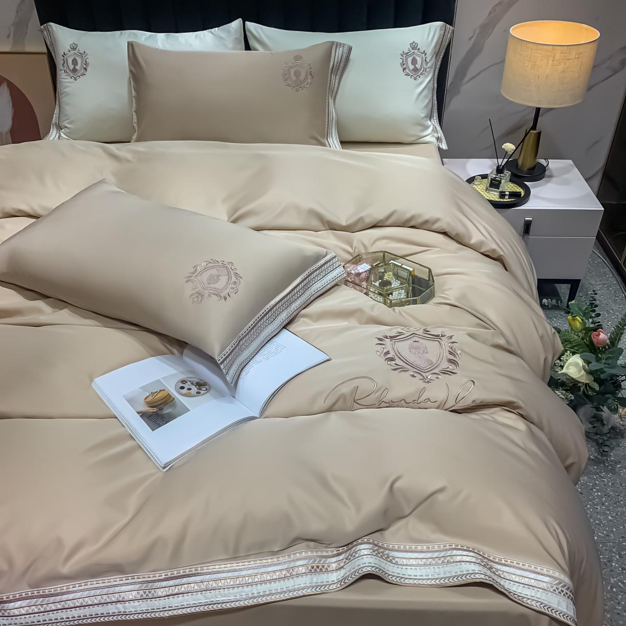 91家纺网 家纺一手货源 找家纺 安妮家居 2021新款水洗真丝刺绣四件套-奈雪系列 可可糖