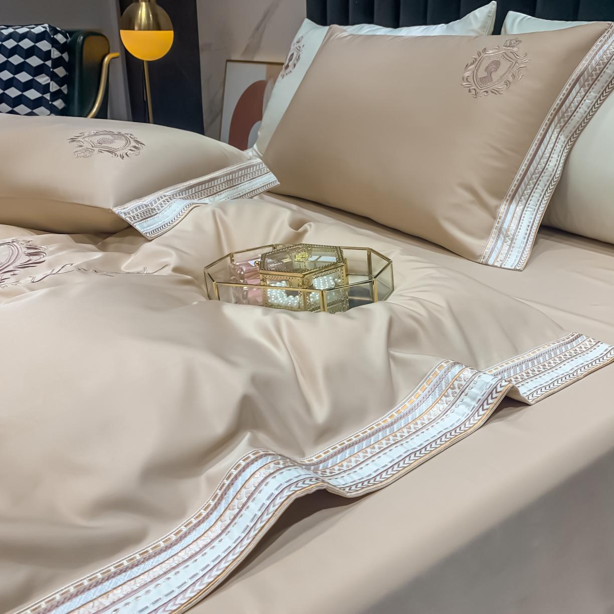 91家纺网 家纺一手货源 找家纺 安妮家居 2021新款水洗真丝刺绣四件套-奈雪系列 可可糖