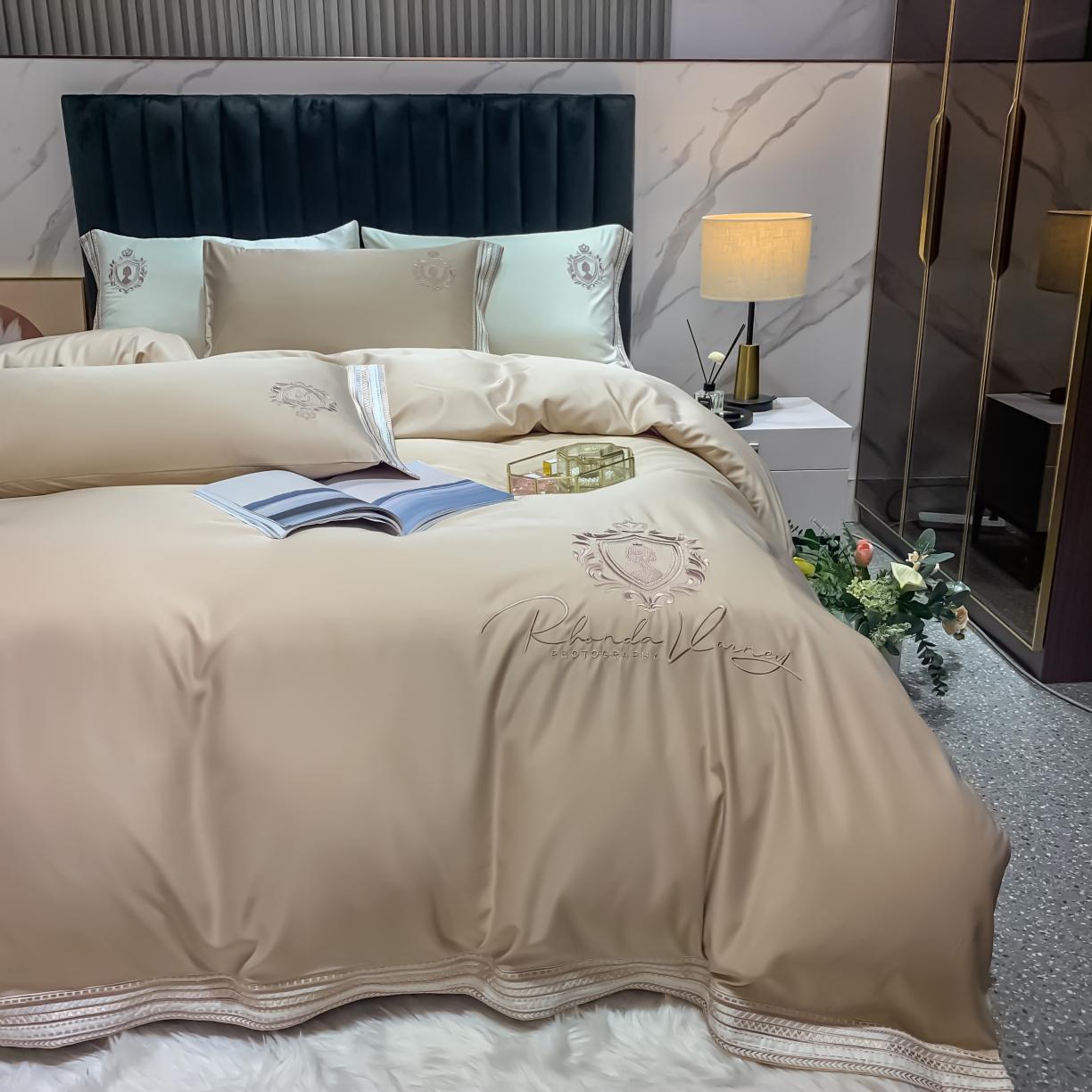 91家纺网 家纺一手货源 找家纺 安妮家居 2021新款水洗真丝刺绣四件套-奈雪系列 可可糖