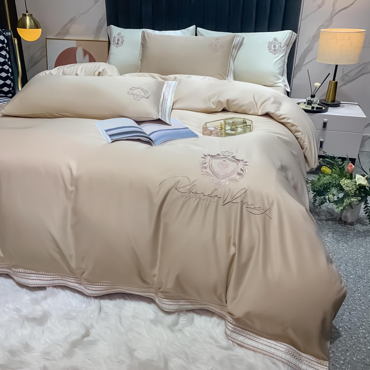 91家纺网 家纺一手货源 找家纺 安妮家居 2021新款水洗真丝刺绣四件套-奈雪系列 可可糖