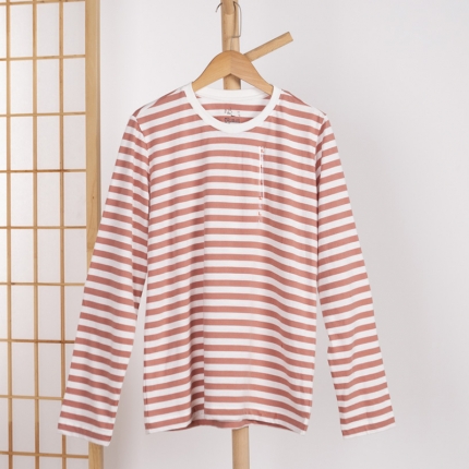 91家纺网 家纺一手货源 找家纺 【T恤】日式无印T恤衫良品全棉条纹女款长袖女士T恤简约春秋