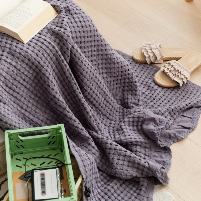 91家纺网 家纺一手货源 找家纺 918拾朵家居2021新款全棉华夫格毛巾被盖毯 黛紫色