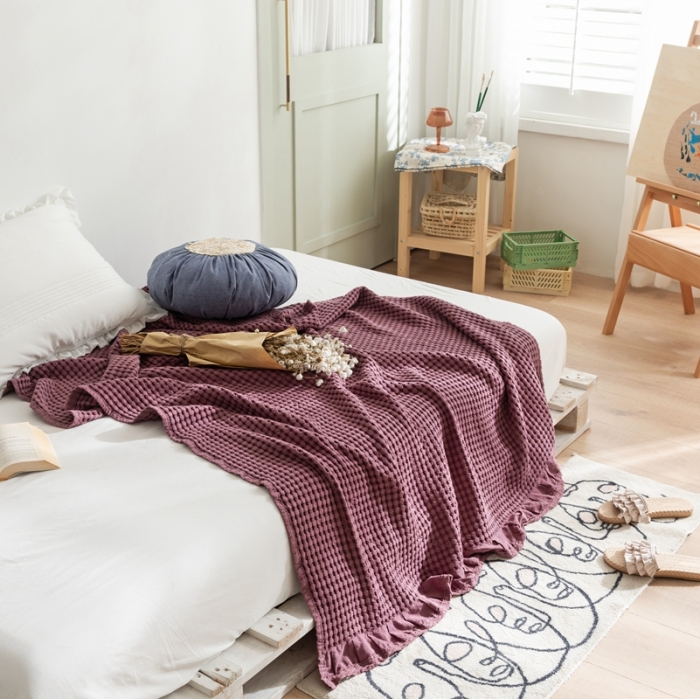 91家纺网 家纺一手货源 找家纺 918拾朵家居2021新款全棉华夫格毛巾被盖毯 豆沙粉