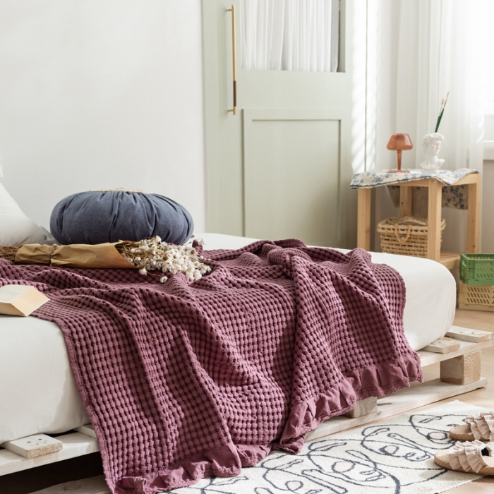 91家纺网 家纺一手货源 找家纺 918拾朵家居2021新款全棉华夫格毛巾被盖毯 豆沙粉