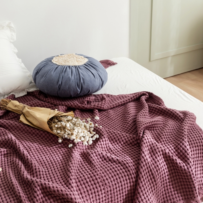 91家纺网 家纺一手货源 找家纺 918拾朵家居2021新款全棉华夫格毛巾被盖毯 豆沙粉