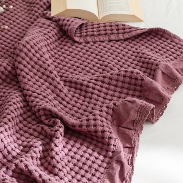 91家纺网 家纺一手货源 找家纺 918拾朵家居2021新款全棉华夫格毛巾被盖毯 豆沙粉