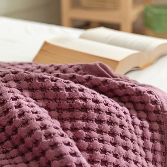 91家纺网 家纺一手货源 找家纺 918拾朵家居2021新款全棉华夫格毛巾被盖毯 豆沙粉