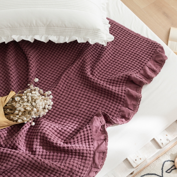 91家纺网 家纺一手货源 找家纺 918拾朵家居2021新款全棉华夫格毛巾被盖毯 豆沙粉