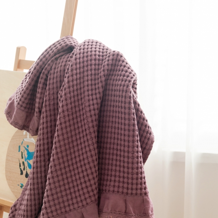 91家纺网 家纺一手货源 找家纺 918拾朵家居2021新款全棉华夫格毛巾被盖毯 豆沙粉