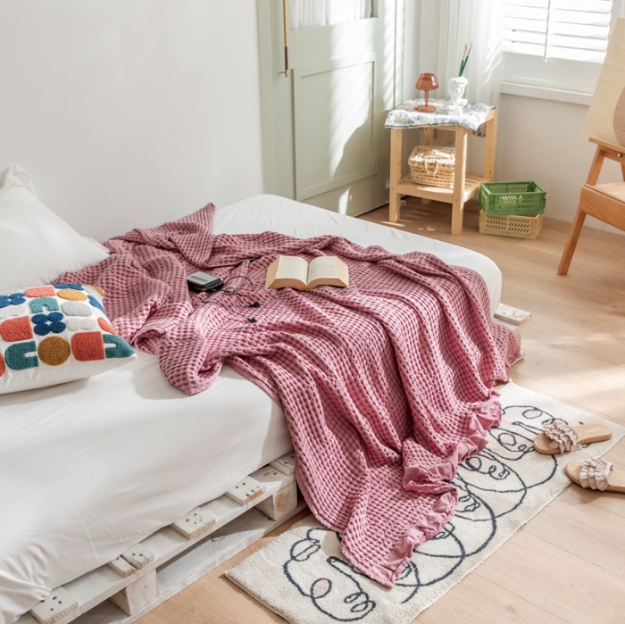 91家纺网 家纺一手货源 找家纺 918拾朵家居2021新款全棉华夫格毛巾被盖毯 藕荷粉