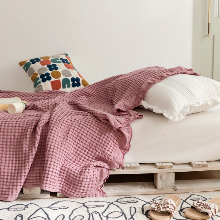 91家纺网 家纺一手货源 找家纺 918拾朵家居2021新款全棉华夫格毛巾被盖毯 藕荷粉